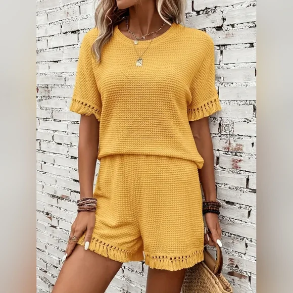 Women's Full Size Mustard Yellow Knit Two-Piece Set - Picture 5 of 9